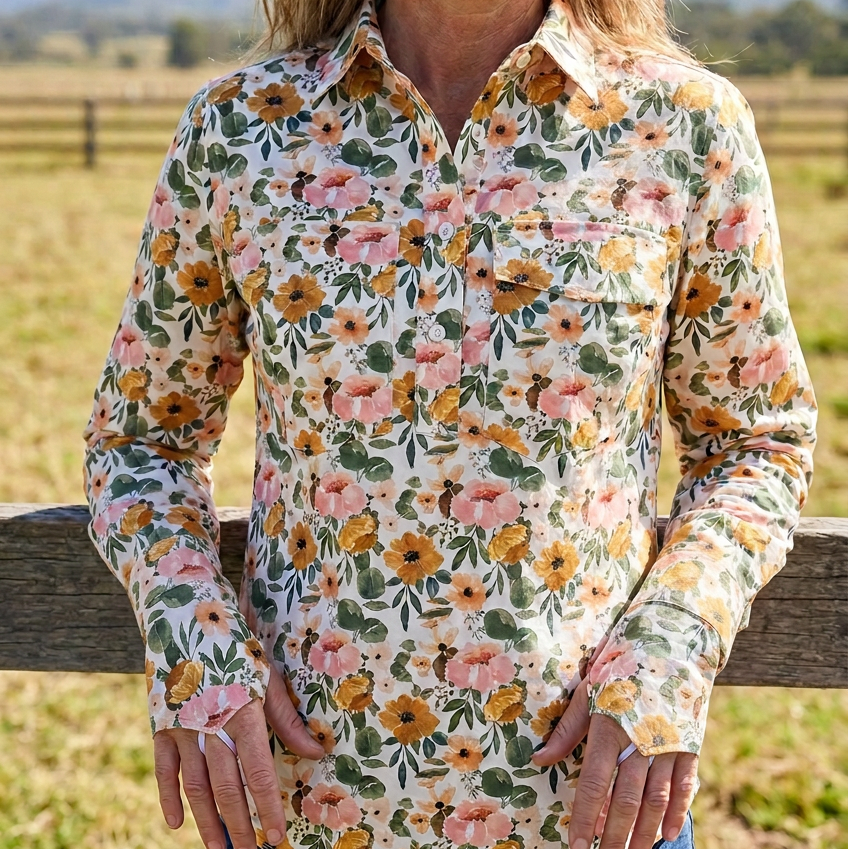 AI-generated model preview of the floral shirt with removable handpieces; construction details pending review