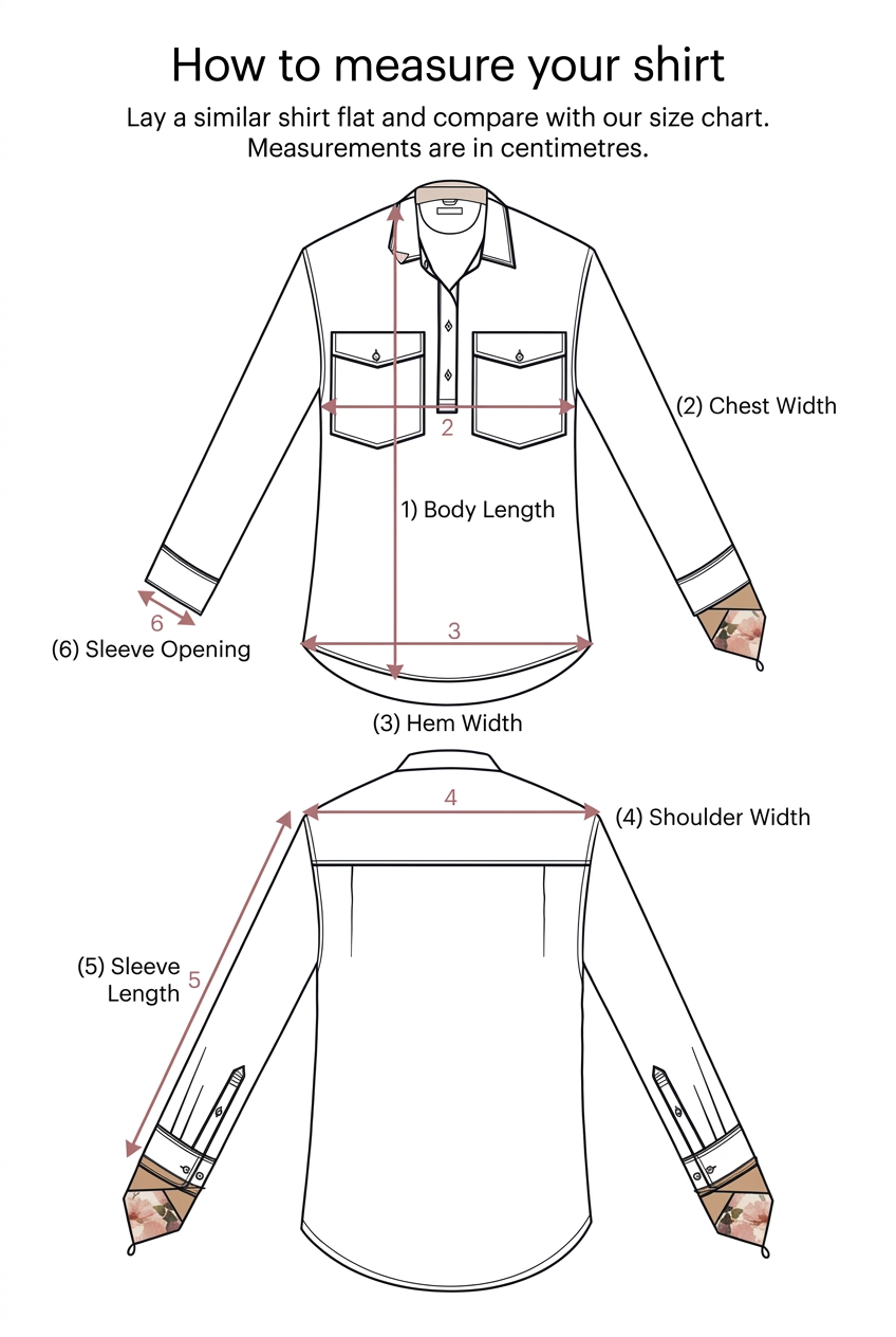 Illustrated shirt measurement guide: body length, chest width, hem width, shoulder width, sleeve length and sleeve opening