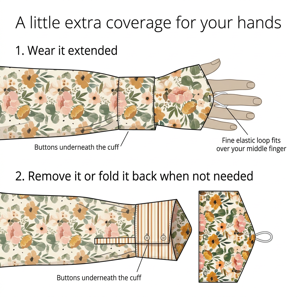 Illustrated guide to the removable floral handpiece, hidden cuff buttons and fine middle-finger elastic loop
